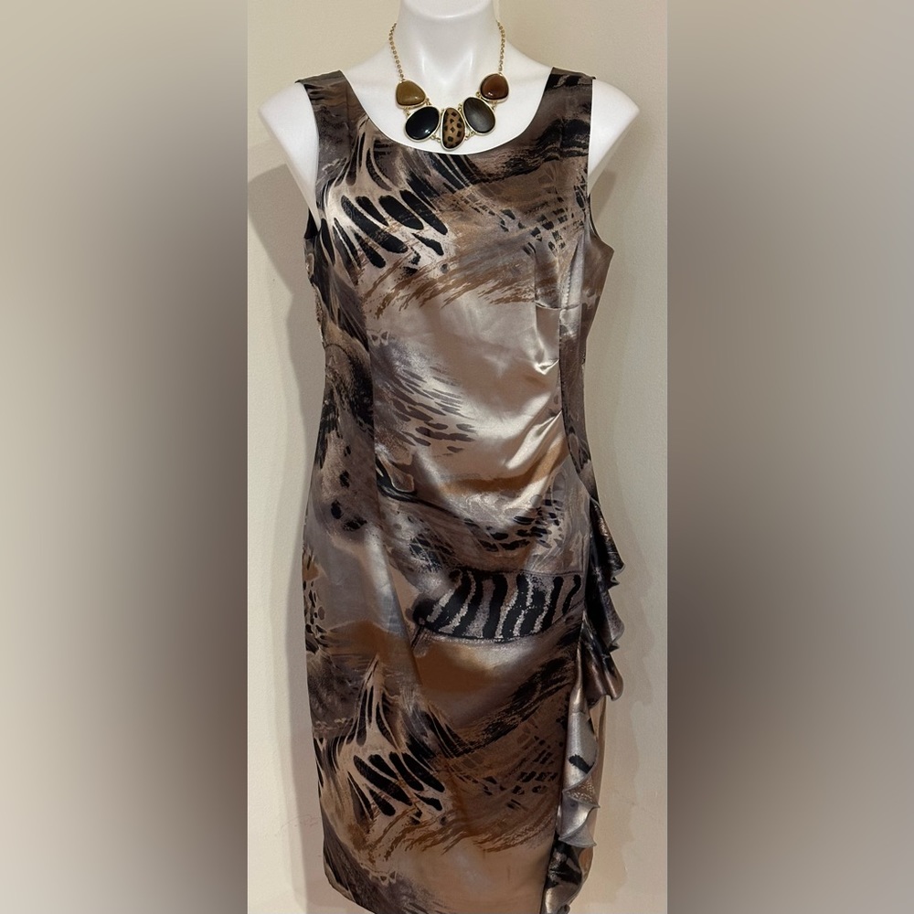 Nueva Satin Browns Gray & Black Midi Dress Ruffled Down The Side Back Sz 10